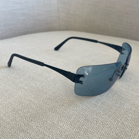 Vintage Chanel Black Matte Metal Frameless Blue Lense Sunglasses with Case - Picture 10 of 13